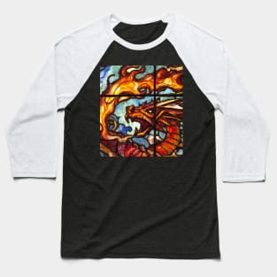 Red Dragon Breathing Fire Stained Glass Baseball T-Shirt